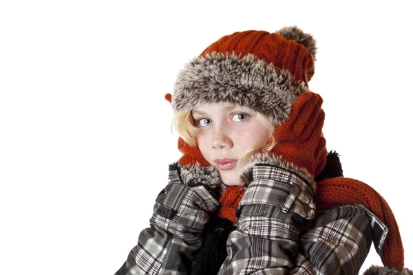 Young Blonde Girl Winter Clothes Holds Her Earlo Isolated White — Stock Photo, Image