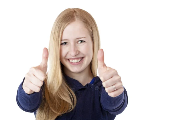 Young Pretty Blonde Woman Showing Happy Thumbs Oben Isoliert White — стоковое фото