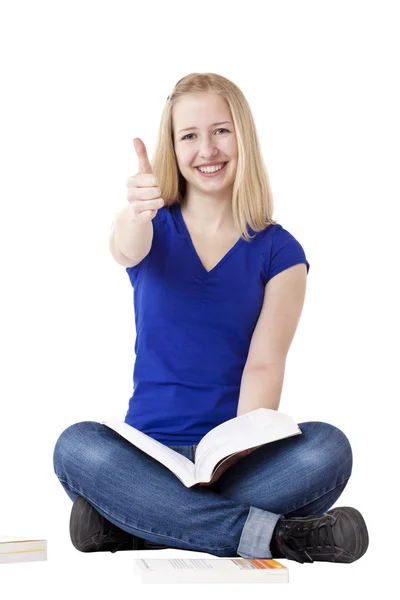 Young Pretty Blonde Woman Holding Smiling Thumbs Oben Isoliert White — Stock Photo, Image