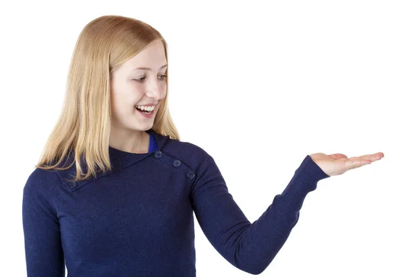 Young Pretty Blonde Woman Holding Hands Laughing Empty Space Isolated — Stock Photo, Image