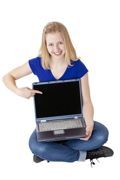 Young Attractive Blond Woman Holding Laptop Pointing Monitor Isolated White — Stock Photo, Image