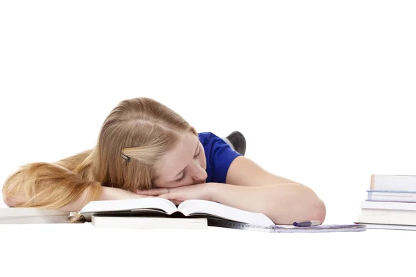 Jong Aantrekkelijk Schoolmeisje Slaapt Boeken Vloer Geïsoleerd Witte Achtergrond — Stockfoto