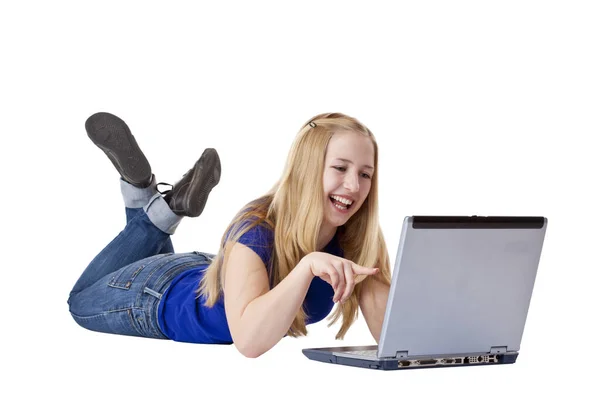 Young Beautiful Blonde Woman Lying Floor Pointing Notebook Monitor Isolated — Stock Photo, Image