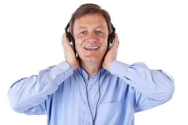 Atraente Mais Velho Sênior Com Fones Ouvido Cantando Com Música — Fotografia de Stock