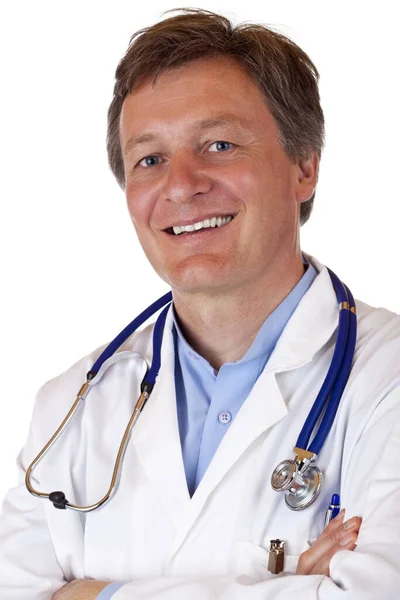 Portrait Satisfied Happy Self Assured Doctor Stethoscope Isolated White Background — Stok fotoğraf