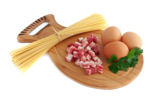 Ingredienti Fare Gli Spaghetti Alla Carbonara Isolati Bianco — Foto Stock