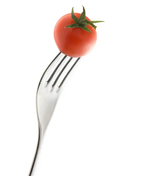 Fresh Red Tomato Fork Isolated White Background — Stock Photo, Image