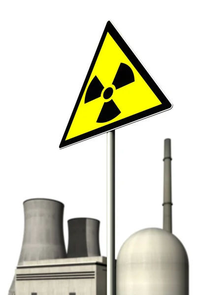 Kerncentrale Achter Een Waarschuwingsbord Voor Radioactiviteit Tegen Een Witte Achtergrond — Stockfoto