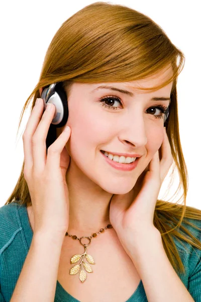 Mulher Caucasiana Usando Fones Ouvido Ouvindo Música Isolada Sobre Branco — Fotografia de Stock