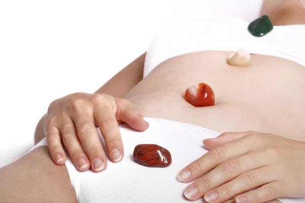 Alternative Medicine Healing Semiprecious Gems Placed Body Chakras Shallow Depth — 图库照片