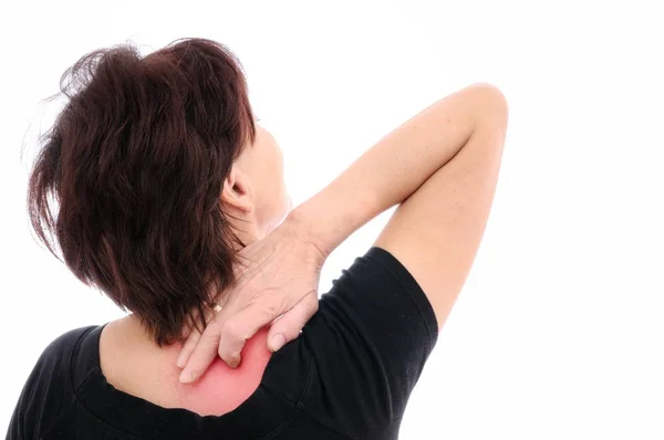 Volwassen Vrouw Met Nekpijn Rood Gemarkeerd — Stockfoto