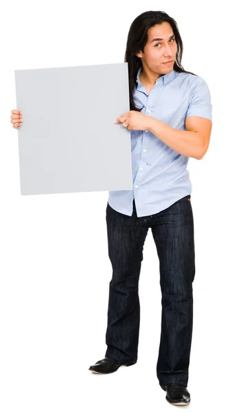 Portrait Young Man Holding Placard Isolated White — Stock Photo, Image