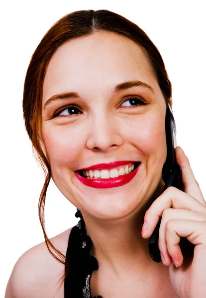 Linda Mulher Falando Telefone Celular Isolado Sobre Branco — Fotografia de Stock