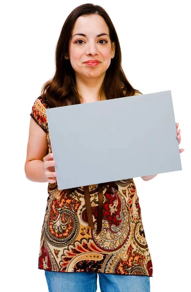 Portrait Une Femme Montrant Une Pancarte Vide Isolée Sur Blanc — Photo