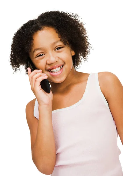 Κορίτσι Μιλάει Ένα Κινητό Τηλέφωνο Απομονωμένο Πάνω Από Λευκό — Φωτογραφία Αρχείου