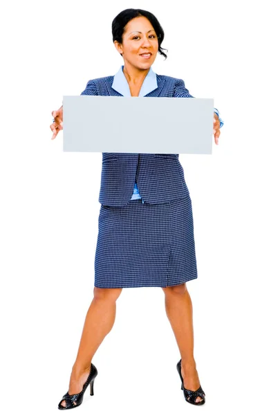 Confident Businesswoman Showing Placard Posing Isolated White — Stockfoto
