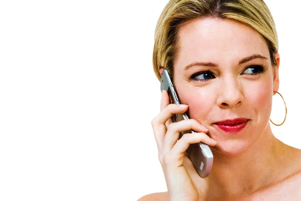 Femme Adulte Moyenne Parlant Sur Téléphone Portable Isolé Sur Blanc — Photo