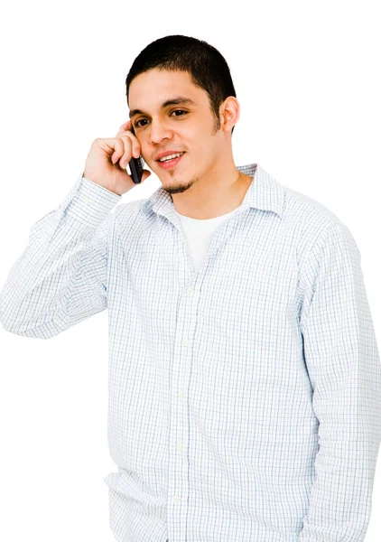 Hombre Hablando Teléfono Móvil Aislado Sobre Blanco —  Fotos de Stock