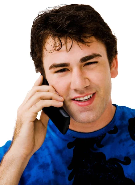Hombre Feliz Hablando Teléfono Móvil Aislado Sobre Blanco —  Fotos de Stock
