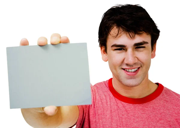 Portrait Man Showing Placard Smiling Isolated White — Stock Photo, Image