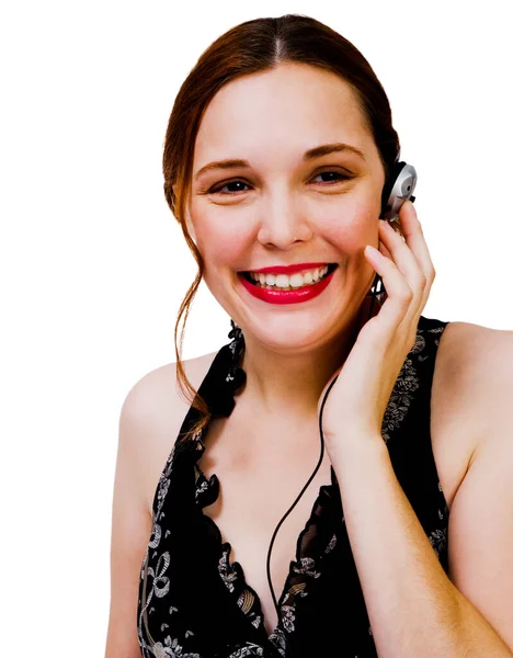 Retrato Una Mujer Escuchando Música Auriculares Aislados Sobre Blanco — Foto de Stock