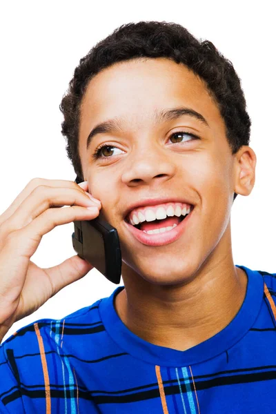 Šťastný Dospívající Chlapec Mluví Telefonu Izolované Přes Bílou — Stock fotografie