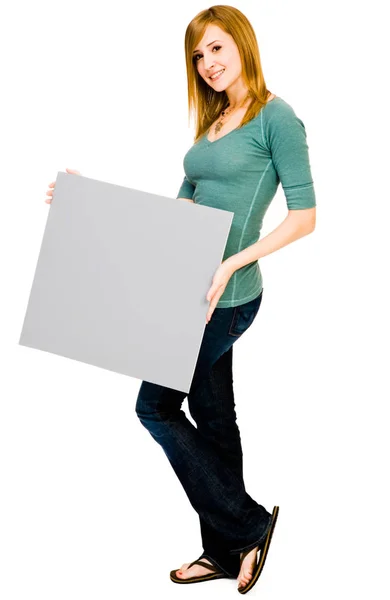 Mixedrace Woman Showing Placard Smiling Isolated White — Stock Photo, Image