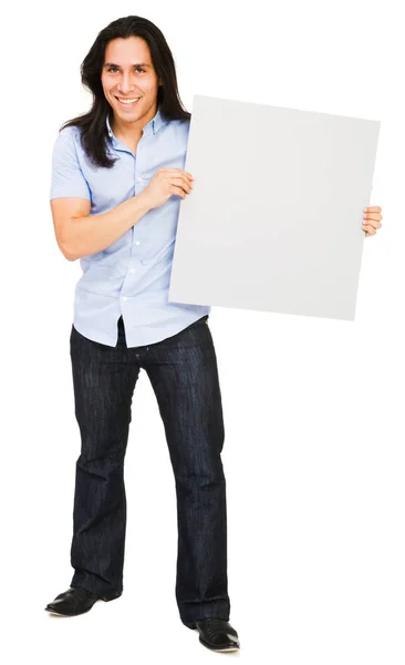 Hezký Mladý Muž Drží Plakát Izolovaný Nad Bílou — Stock fotografie