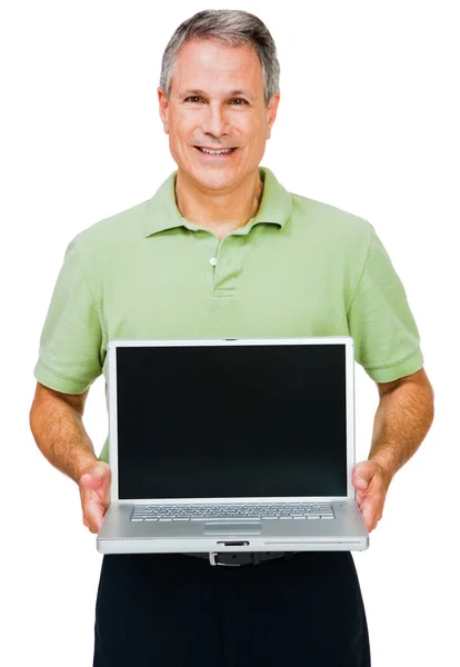 Close Homem Mostrando Laptop Isolado Sobre Branco — Fotografia de Stock