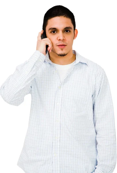 Jovem Falando Telefone Celular Isolado Sobre Branco — Fotografia de Stock