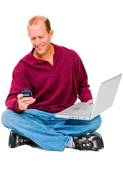 Hombre Usando Teléfono Móvil Portátil Aislado Sobre Blanco —  Fotos de Stock