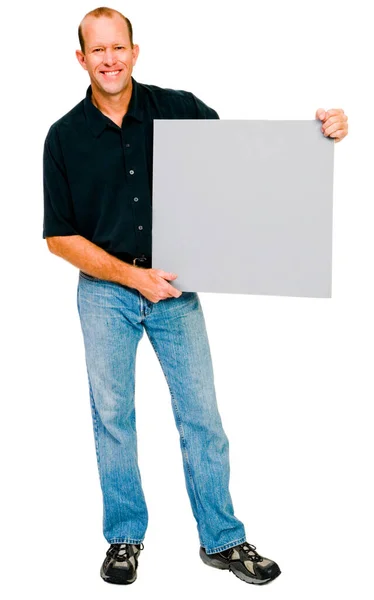 Happy Man Showing Placard Isolated White — Stock fotografie