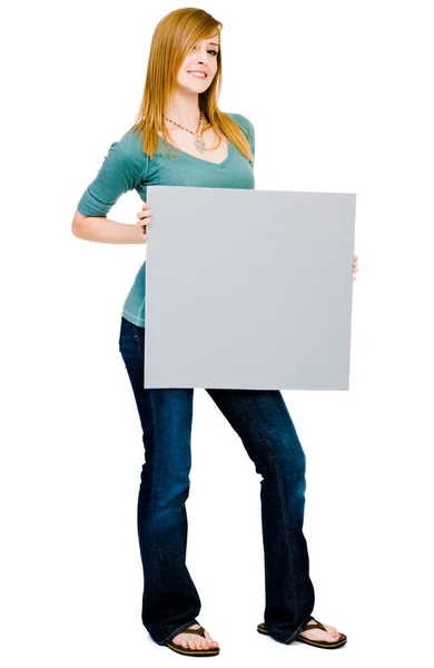 Young Woman Showing Placard Smiling Isolated White — Stock Photo, Image