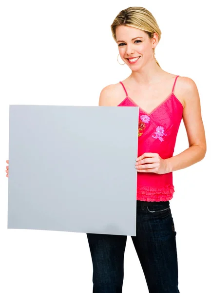 Woman Holding Placard Posing Isolated White — Stock Photo, Image