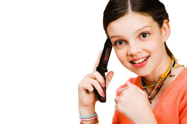 Girl Talking Mobile Phone Isolated White — Stock Photo, Image