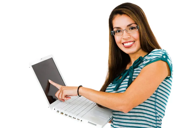 Mujer Adulta Utilizando Ordenador Portátil Sonriendo Aislado Sobre Blanco —  Fotos de Stock