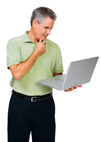 Pensando Homem Usando Laptop Isolado Sobre Branco — Fotografia de Stock