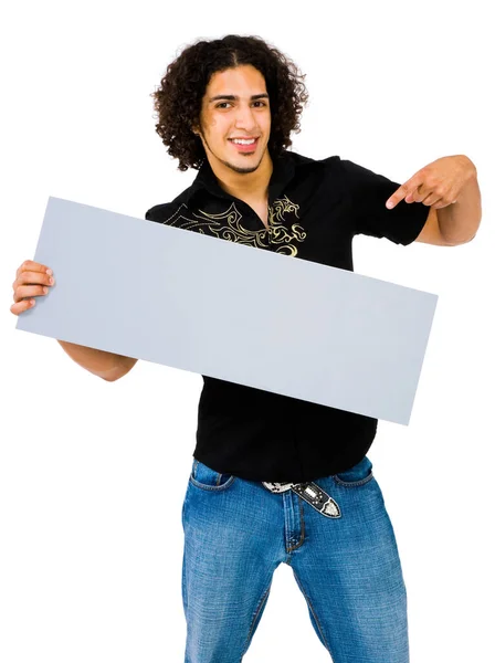 Latin American Man Showing Empty Placard Isolated White — Stock Photo, Image