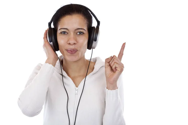 Woman Headphones Listening Mp3 Music Pointing Finger Air Isolated White — Stok fotoğraf