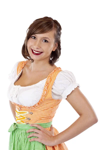Young Handsome Bavarian Woman Dirndl Smiles Happy Isolated White Background — Stok fotoğraf