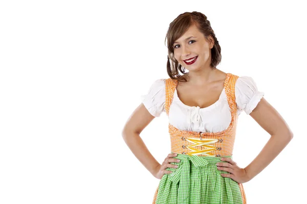 Joven Segura Misma Mujer Bavariana Oktoberfest Dirndl Aislado Sobre Fondo — Foto de Stock