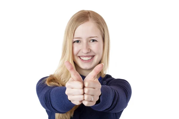 Young Pretty Blonde Woman Showing Happy Thumbs Isolated White Background Stock Picture