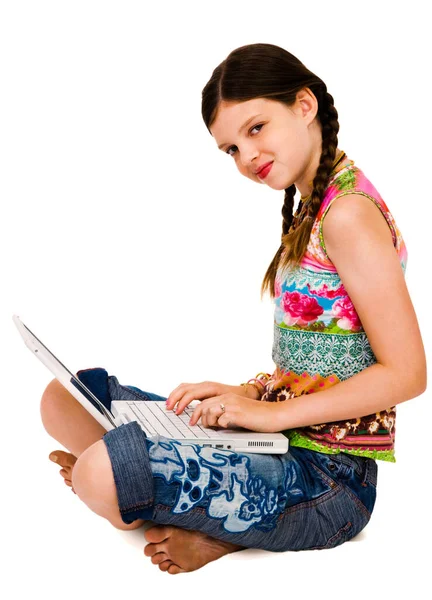 Portrait Girl Using Laptop Smiling Isolated White Stock Picture