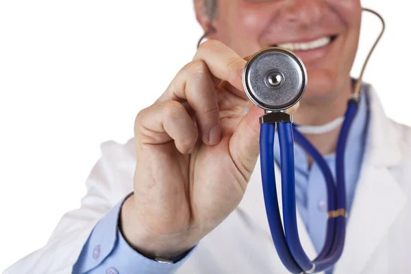 Nahaufnahme Eines Stethoskops Hintergrund Ein Lächelnder Arzt Stockbild