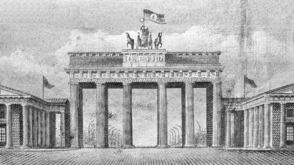 Brandenburger Tor Porta Brandemburgo Famoso Marco Berlim Alemanha Notas Bancárias — Fotografia de Stock