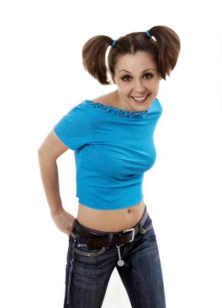 Attractive Young Woman Blue Shirt Jeans — Stock Photo, Image