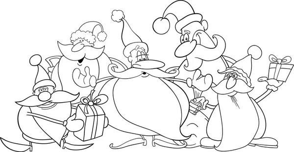 illustration of five santa clauses group for coloring book