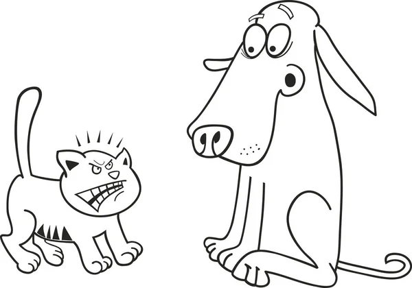 Ilustracja Zły Kotek Przestraszony Pies Dla Kolorowanki — Zdjęcie stockowe