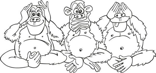 Ilustración Tres Monos Sentados Para Colorear Libro —  Fotos de Stock