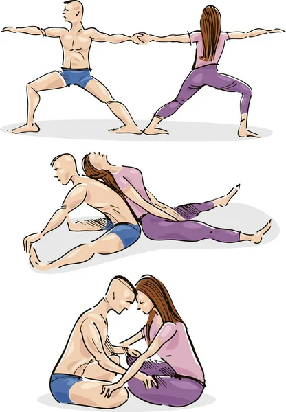 Adam Kadın Çift Yoga Uygulamak Gösteren Resim — Stok fotoğraf